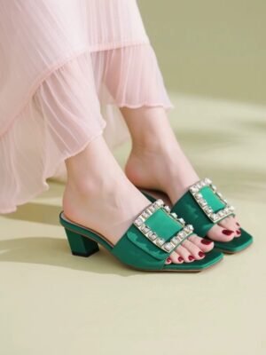 Women’s Green High Heel Sandal by GRECCA, Sparkling Rhinestone Square Buckle, Block Heel, Stylish Open -Toe Design for Occasions