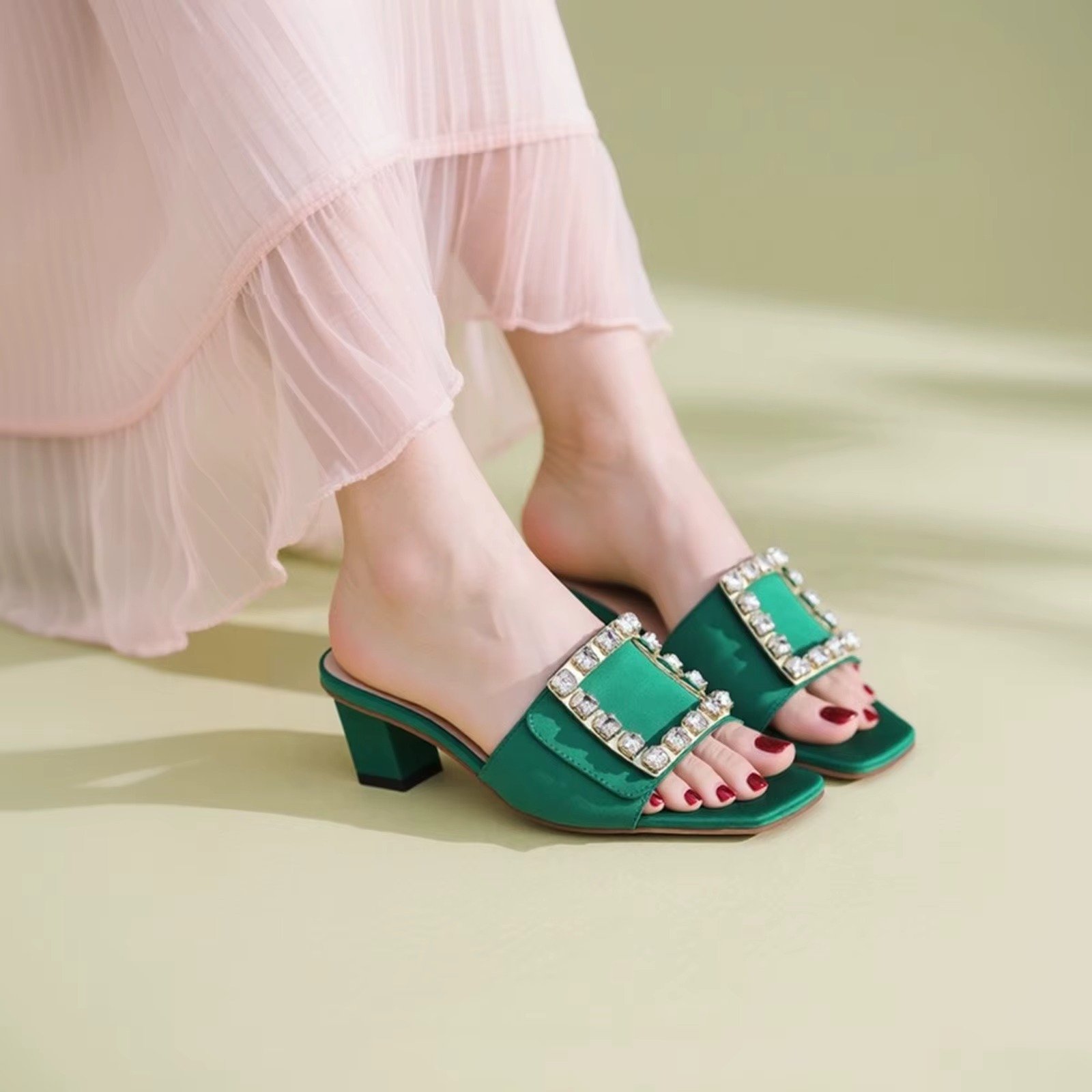 Women's Green High Heel Sandal by GRECCA, Sparkling Rhinestone Square Buckle, Block Heel, Stylish Open -Toe Design for Occasions