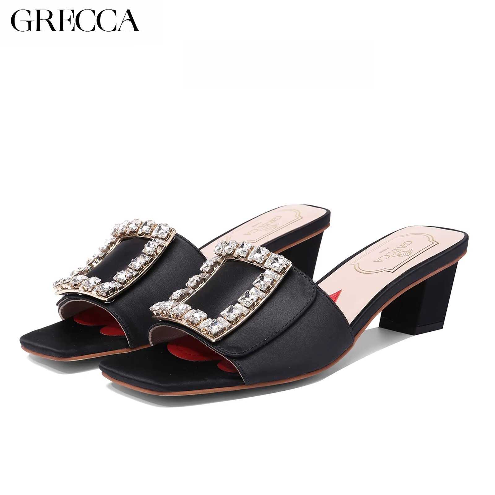 Women's Green High Heel Sandal by GRECCA, Sparkling Rhinestone Square Buckle, Block Heel, Stylish Open -Toe Design for Occasions