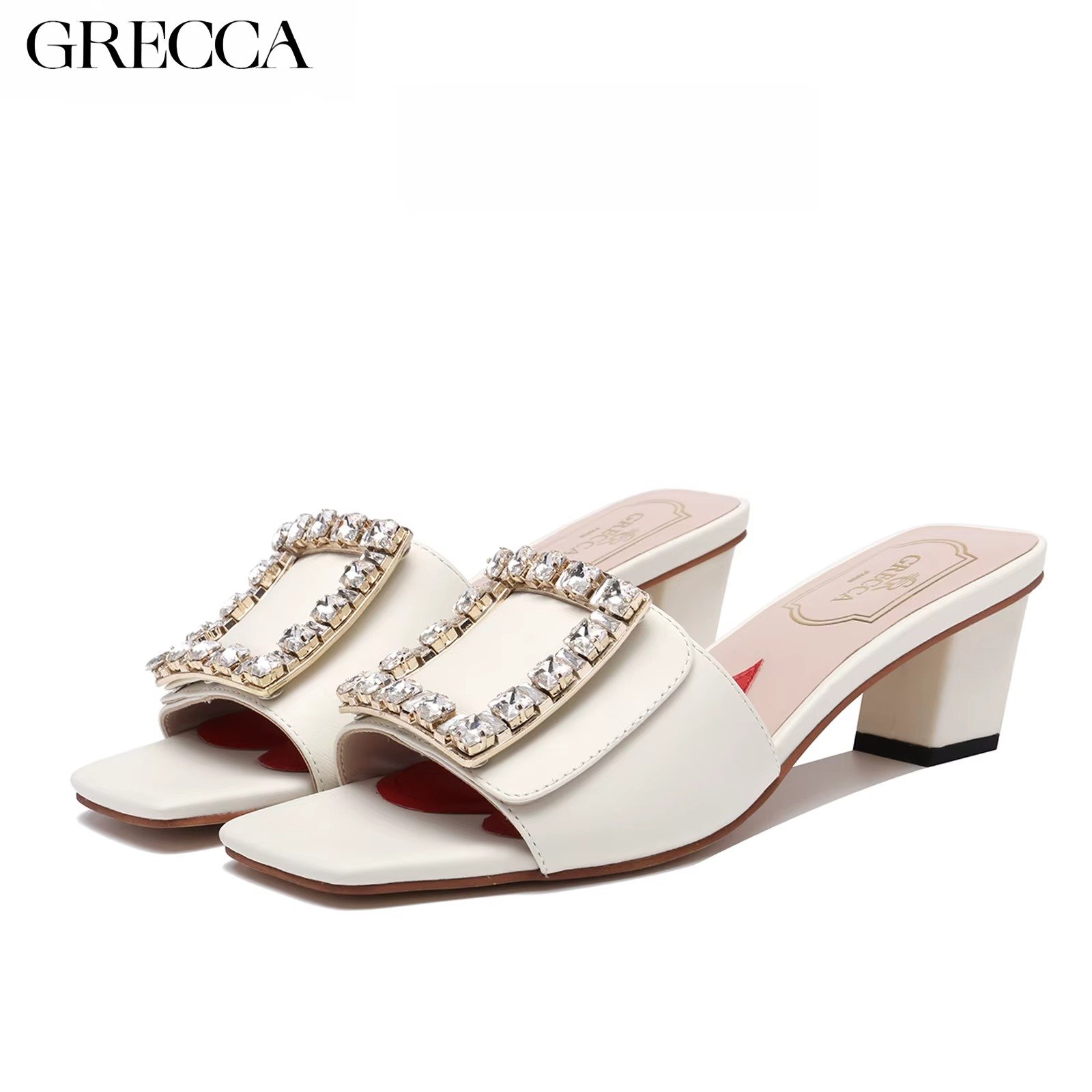 Women's Green High Heel Sandal by GRECCA, Sparkling Rhinestone Square Buckle, Block Heel, Stylish Open -Toe Design for Occasions